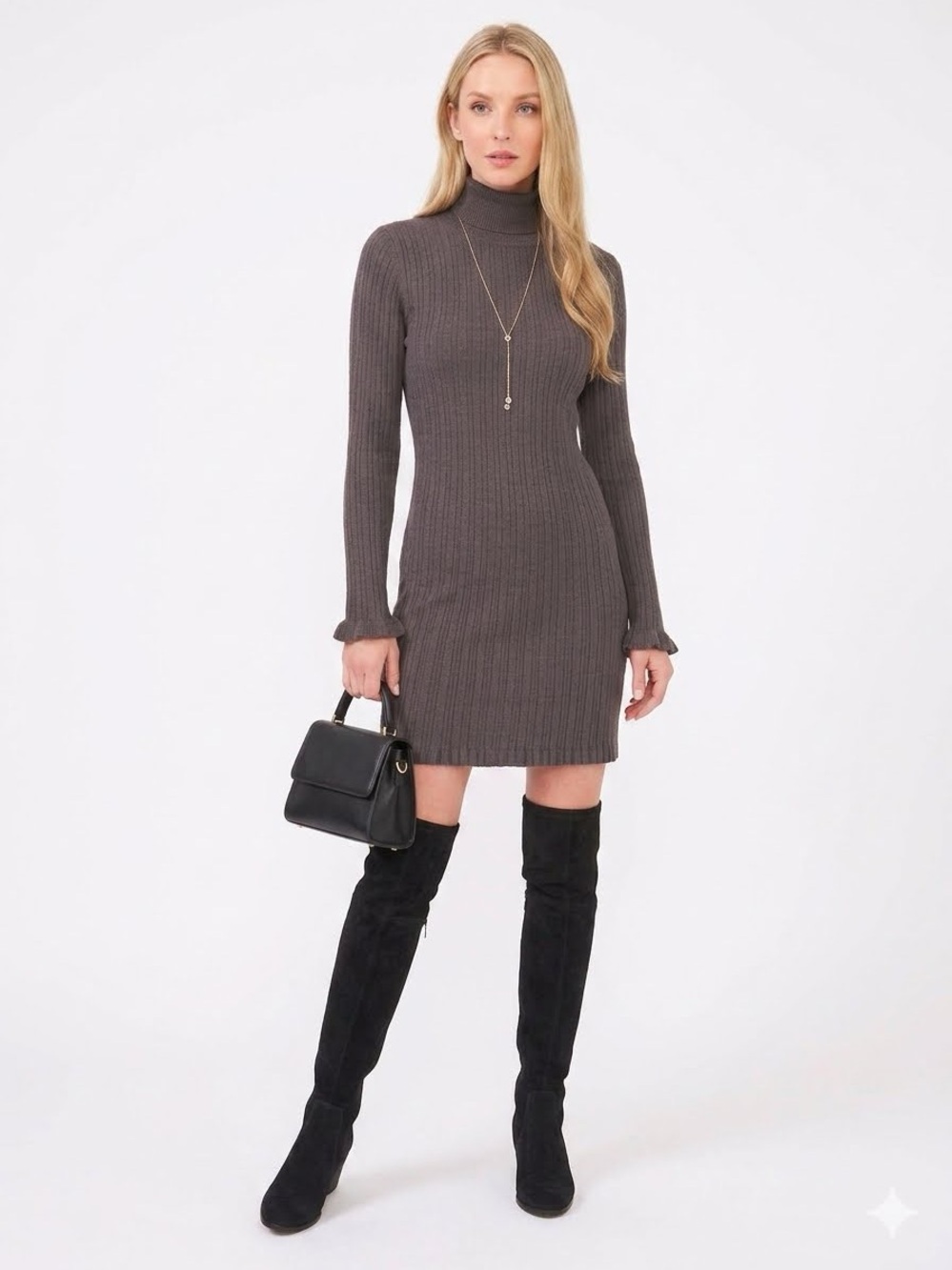Long Sleeve Rib Turtleneck Sweater Minidress in Gray by CeCe • Large • NWT